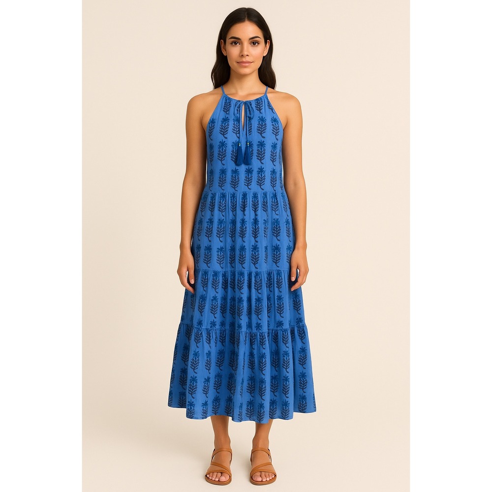 OLIPHANT 100%‎ Cotton Long Tiered Tassel Dress Size Small Bermuda Blue Maxi